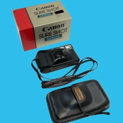 Canon Sure Shot Supreme 35mm Film Camera Point and Shoot with Black Leather Canon Case and ORIGNAL BOX