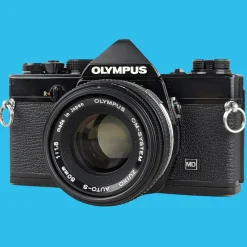Olympus OM 1 Black Vintage 35mm SLR Film Camera with f/1.8 50mm Prime Lens