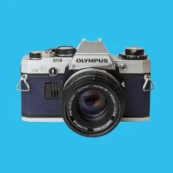 Olympus OM10 Navy Leather Vintage 35mm Film Camera w/ F/1.8 50mm Lens
