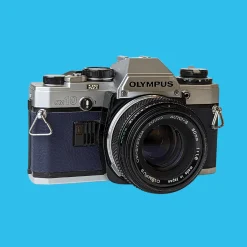 Olympus OM10 Navy Leather Vintage 35mm Film Camera w/ F/1.8 50mm Lens