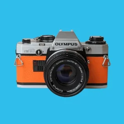 Olympus OM10 Orange Leather Vintage 35mm Film Camera w/ F/1.8 50mm Lens