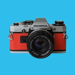 Olympus OM10 Red Leather Vintage 35mm Film Camera w/ F/1.8 50mm Lens