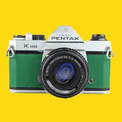 Pentax K1000 Green Leather Vintage SLR 35mm Film Camera with Pentax f/2 50mm Prime Lens