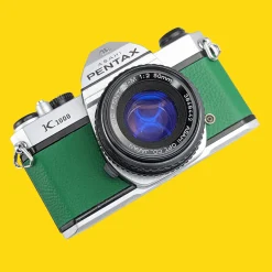 Pentax K1000 Green Leather Vintage SLR 35mm Film Camera with Pentax f/2 50mm Prime Lens