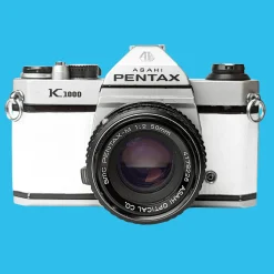 Pentax K1000 White Leather Vintage SLR 35mm Film Camera with Pentax f/2 50mm Prime Lens