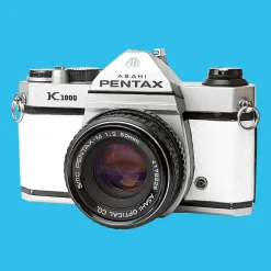 Pentax K1000 White Leather Vintage SLR 35mm Film Camera with Pentax f/2 50mm Prime Lens