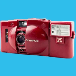 Red Olympus XA2 35mm Film Camera Point and Shoot w/ Olympus A11 Flash (Boxed)
